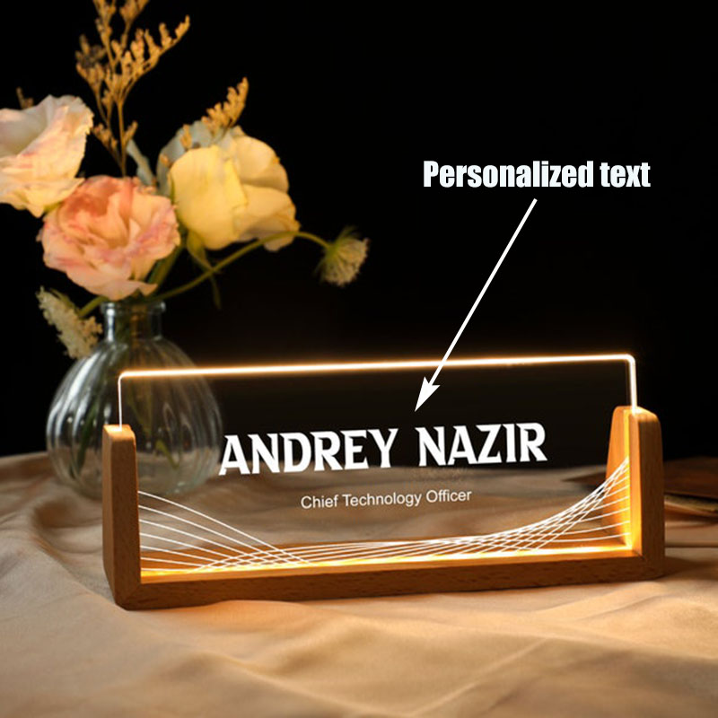 Desk Name Plate - Ahşap Tabanlı Özelleştirilebilir Kişiselleştirilmiş Işıklı Akrilik