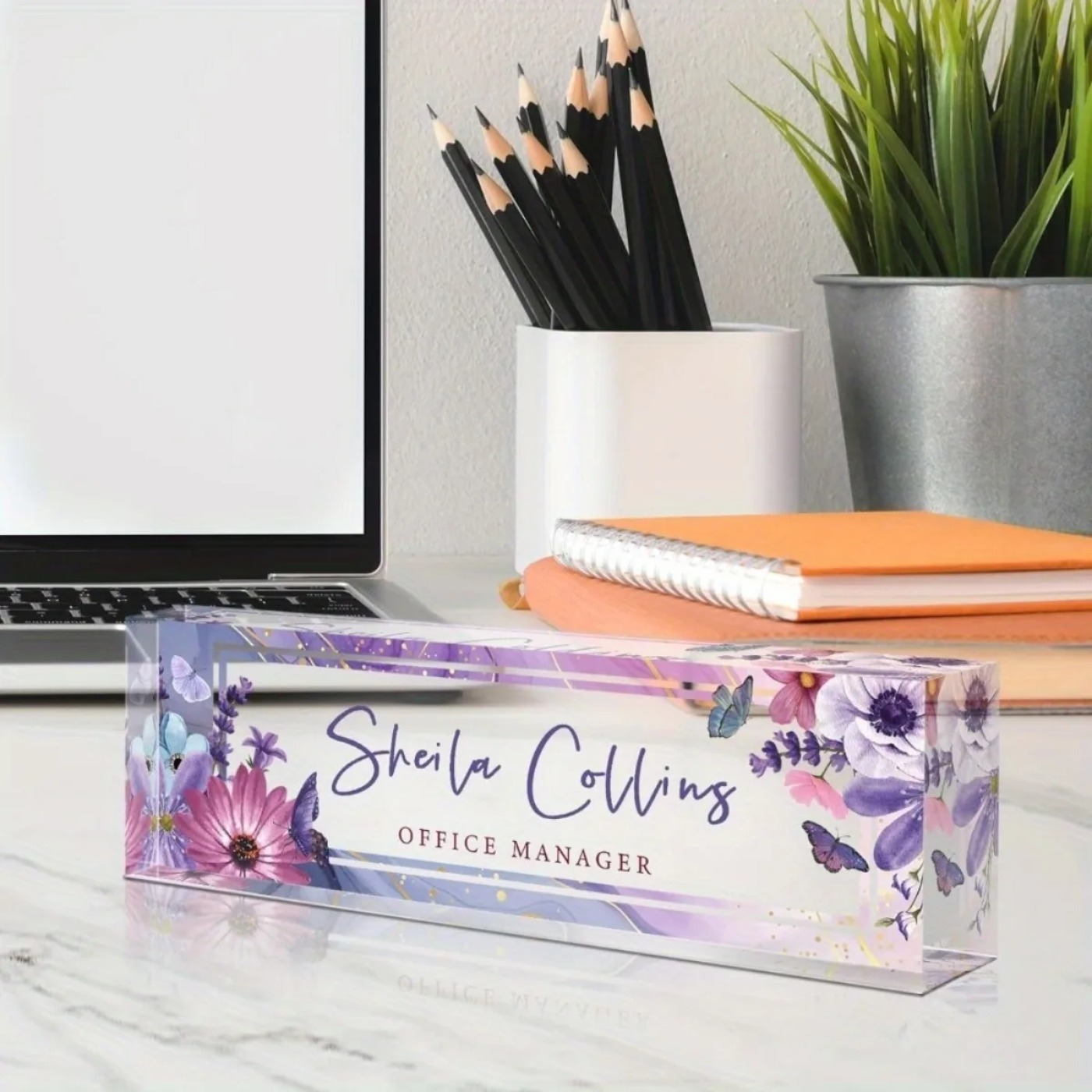 Desk Name Plate - [2D Düz] Mor Çiçek Özel Akrilik